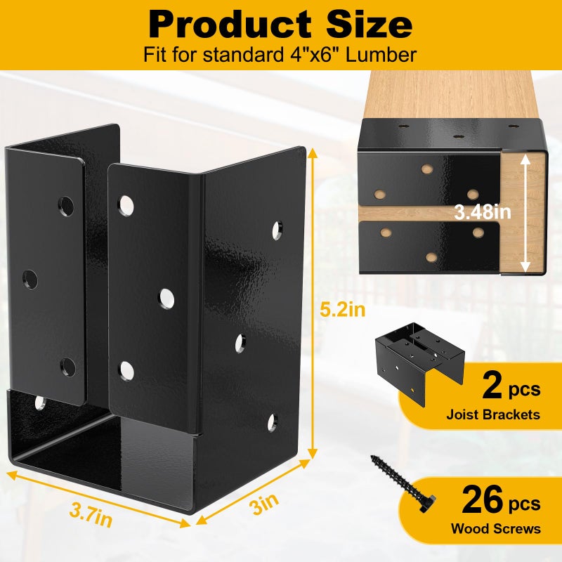 FMhotu Concealed Joist Hanger (2 Pack), 4""x6"" Outdoor Concealed-Flange Joist Bracket with Screws, Q235B Steel Powder Coated Concealed Mount Light Joist Hangers for 4""x6"" Beam, Swing, Handrail, Fence - Image 3